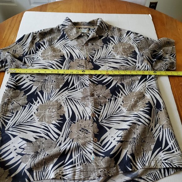 Caribbean Pure Silk Hawaiian Coastal Navy and Tan Wood Button Up Shirt XL - Picture 12 of 15